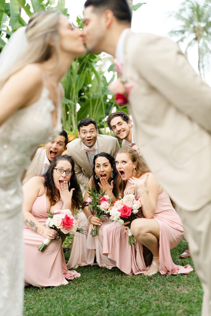 Bridal party photos from tropical inspired Miami beach wedding